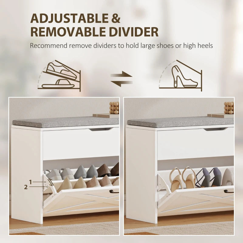 Shoe Storage Bench with Flip Drawer and Lift Top Storage, Entryway Bench with Seat Cushion for Hallway, White