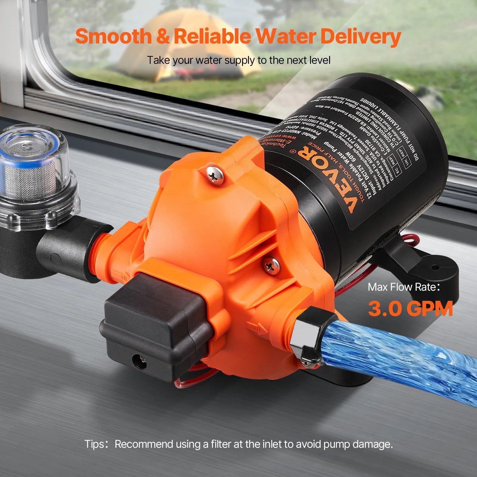 VEVOR 12V Diaphragm Pump 3GPM 11.36 L/min 3-Chamber Water Pump Pressure Switch
