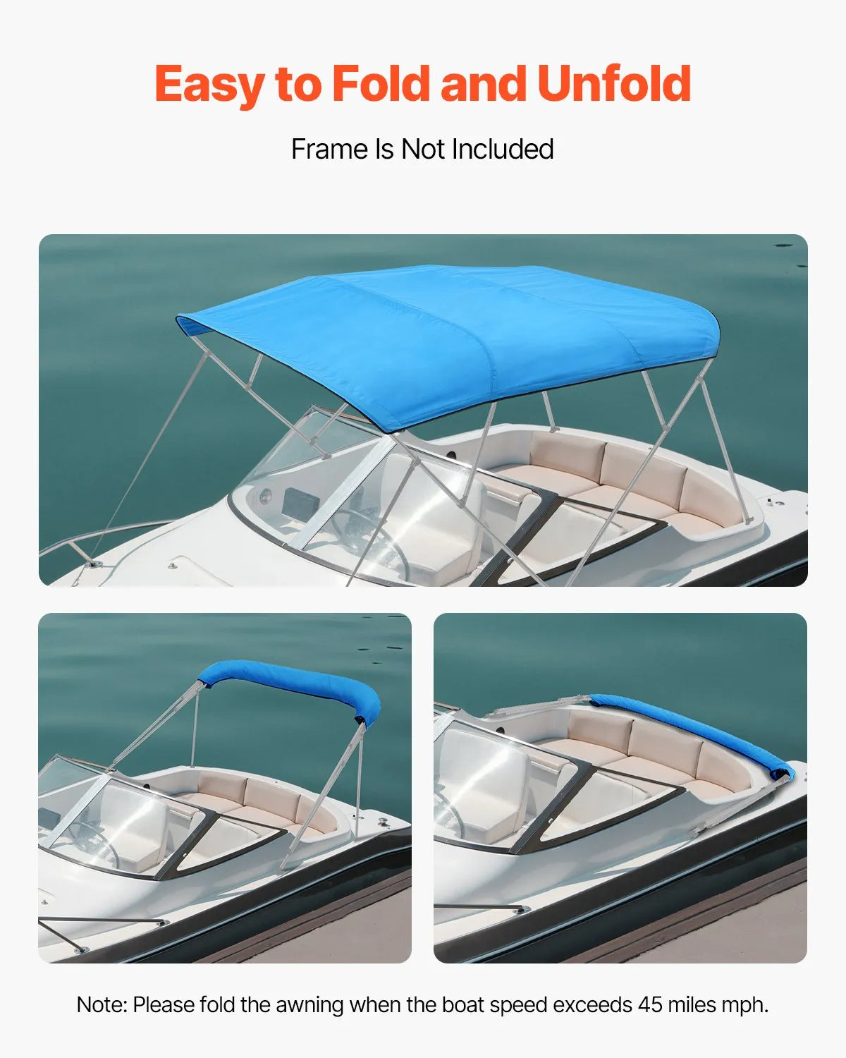VEVOR 4 Bow Boat Bimini Tops 96"Lx(91"-96")W Bimini Top Replacement Pacific Blue