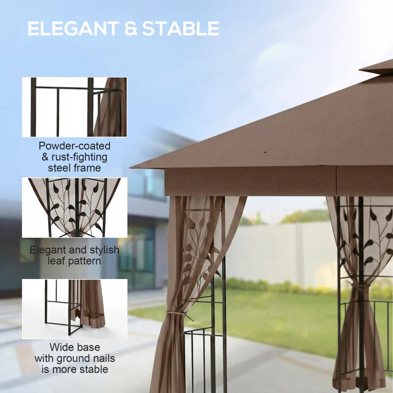 10'x10' Soft-top Steel Patio Gazebo Outdoor Sun Shelter with 2-Tier Polyester Roof, Curtain Sidewalls, Dark Brown