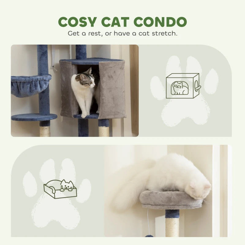 48" Modern Cat Tree with Condo, Hammock, Perch, Sisal Scratching Posts, Toy Ball, for Indoor Cats, Blue and Grey