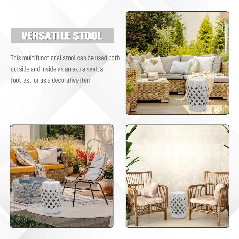 18" Ceramic Garden Stool with Woven Lattice Design, Indoor & Outdoor Decorative Accent Stool, White