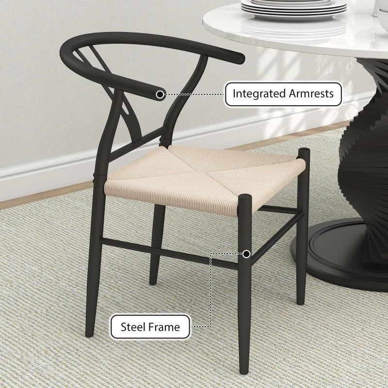 Set of 2 Weave Dining Chairs, Mid-Century Modern Dining Room Chairs with Y-Shaped Backrest and Hemp Seat, Black