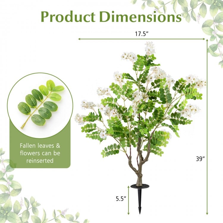 2 Pack Artificial Locust Flower Trees 39 Inch Fake Evergreen Shrubs with Ground Spikes-White