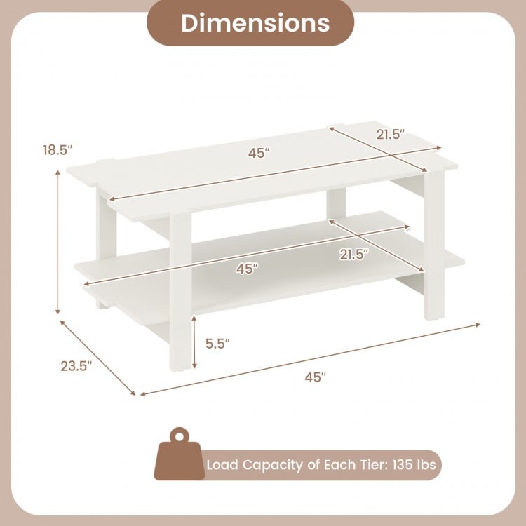 2-Tier Coffee Table Slatted Wood Center Table with Storage Shelf-White
