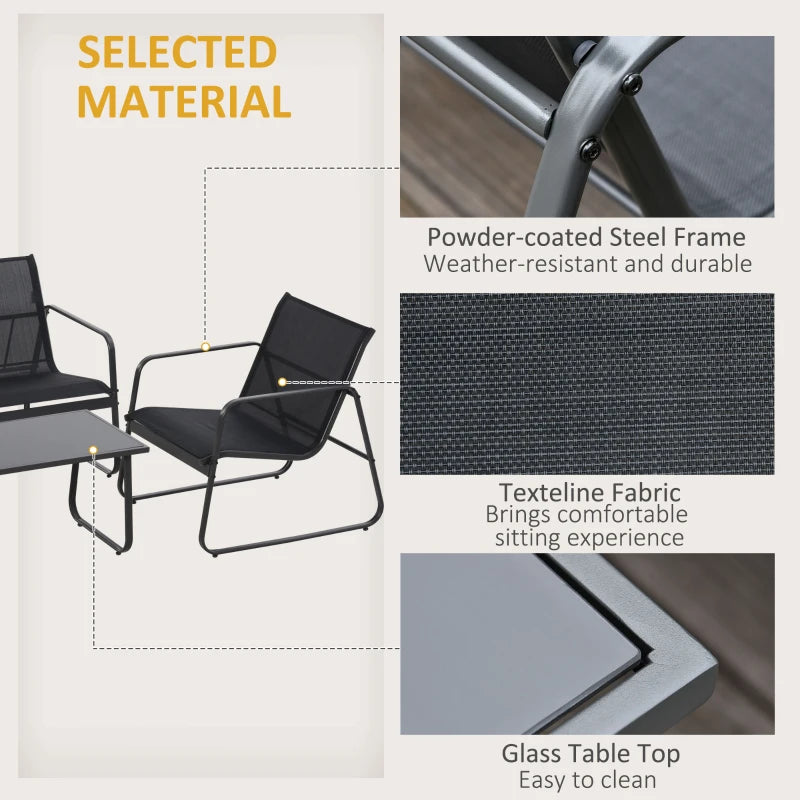 4 Piece Patio Furniture Set, Outdoor Conversation Set with Loveseat Sofa, Armchairs, Glass Top Coffee Table, Black