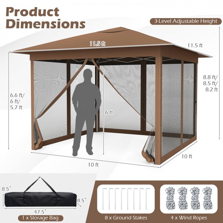11.5 x 11.5 FT Pop-up Canopy Instant One-Person Setup with Mesh Screen Netting-Brown