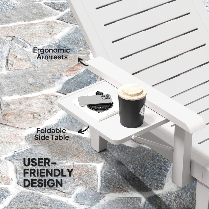 Set of 2 Tanning Chair, 5 Positions Adjustable Outdoor Lounge Chairs with Foldable Side Table, White