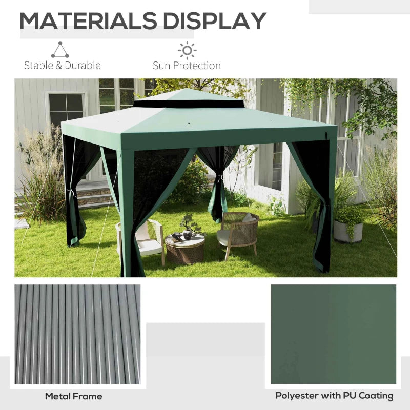 10' x 10' Outdoor Canopy Tent Party Tent with Mesh Netting and Double Tier Roof for Backyard, Garden, Patio, Green