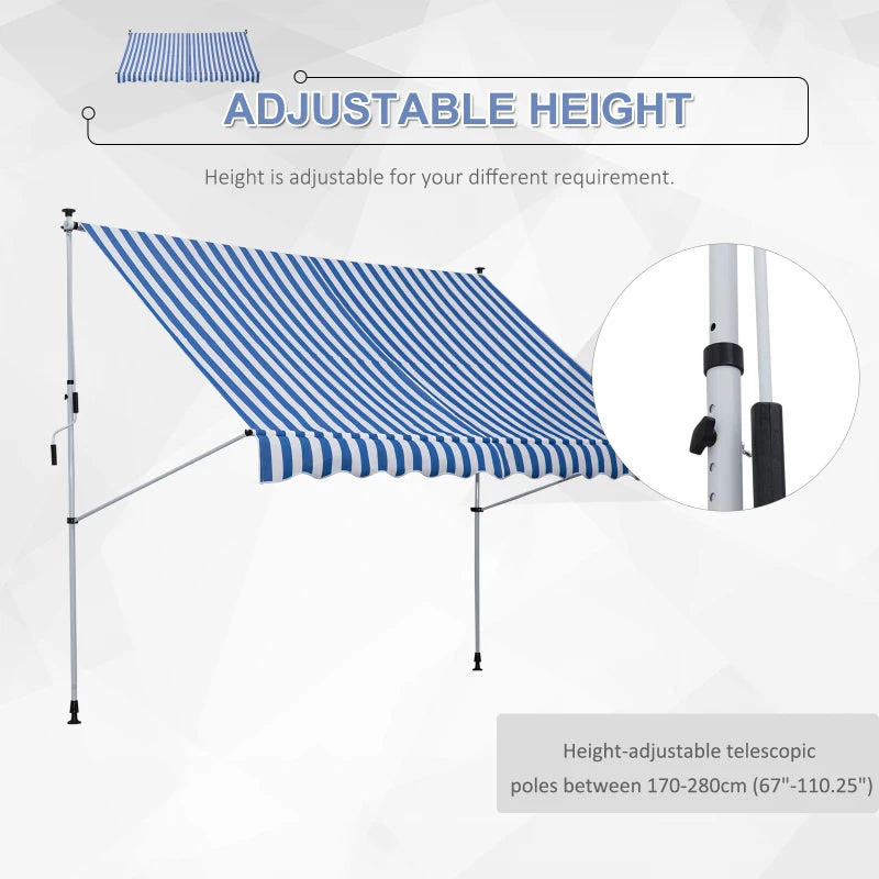 10x5ft Manual Retractable Awning, Patio Sun Shade Canopy Shelter with 5.6-9.2ft Support Pole, Water Resistant UV Protector, for Window, Door, Porch, Deck, Blue