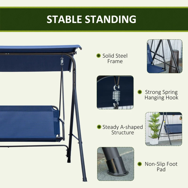 3-Seater Outdoor Porch Swing with Adjustable Canopy, Patio Swing Chair for Garden, Poolside, Backyard, Dark Blue