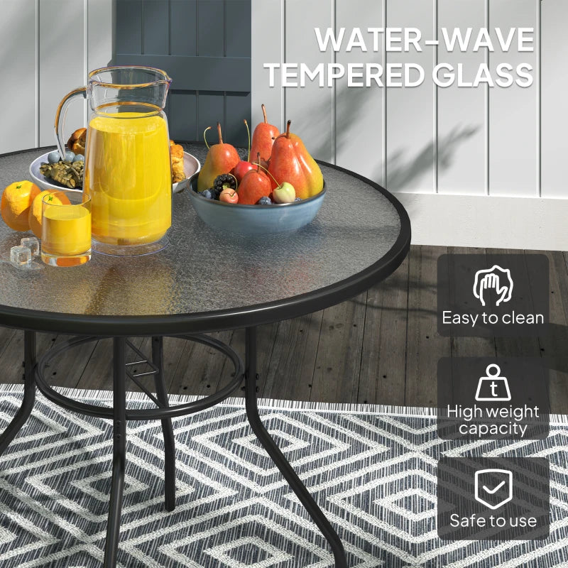 39.4" Round Outdoor Dining Table Coffee Side Bistro Table with Umbrella Hole, Glass Top, Steel Frame for Garden, Patio