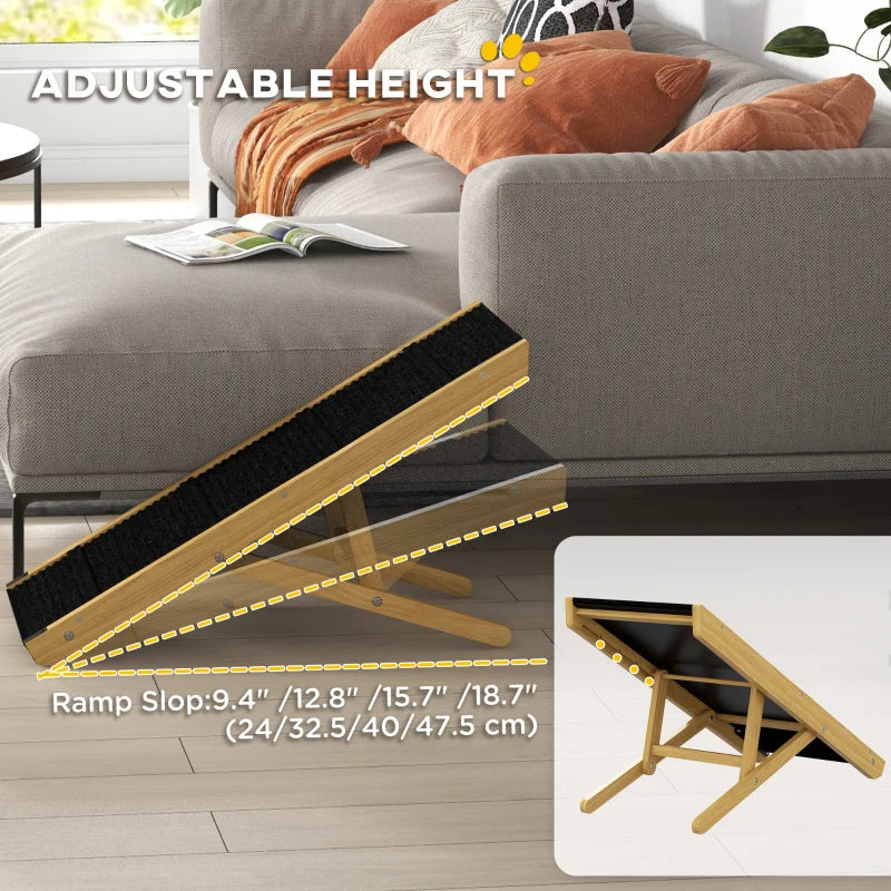 33" Foldable Dog Ramp with 4-Level Adjustable Height for Bed, Couch, for Small and Medium Dogs, Natural Wood