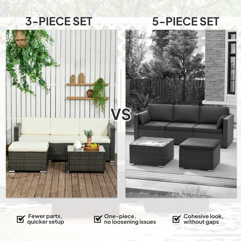 3 Pieces Patio Furniture Set with Cushions, Outdoor PE Rattan Wicker Conversation Corner Sofa Set with Glass Top Table and Adjustable Foot for Garden, Lawn, Cream White