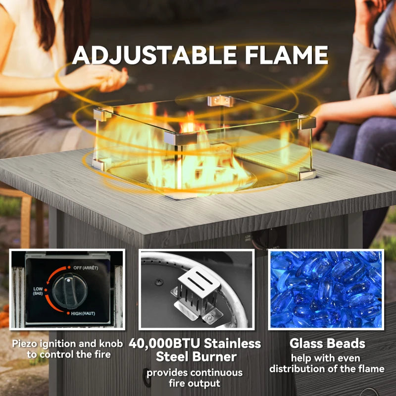 28" 50,000 BTU Gas Fire Pit Table with Cover and Glass Screen, Grey