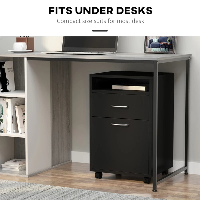24" Small Filing Cabinet with Open Compartment, Drawer and Wheels, Home Office Storage Cabinet, Black