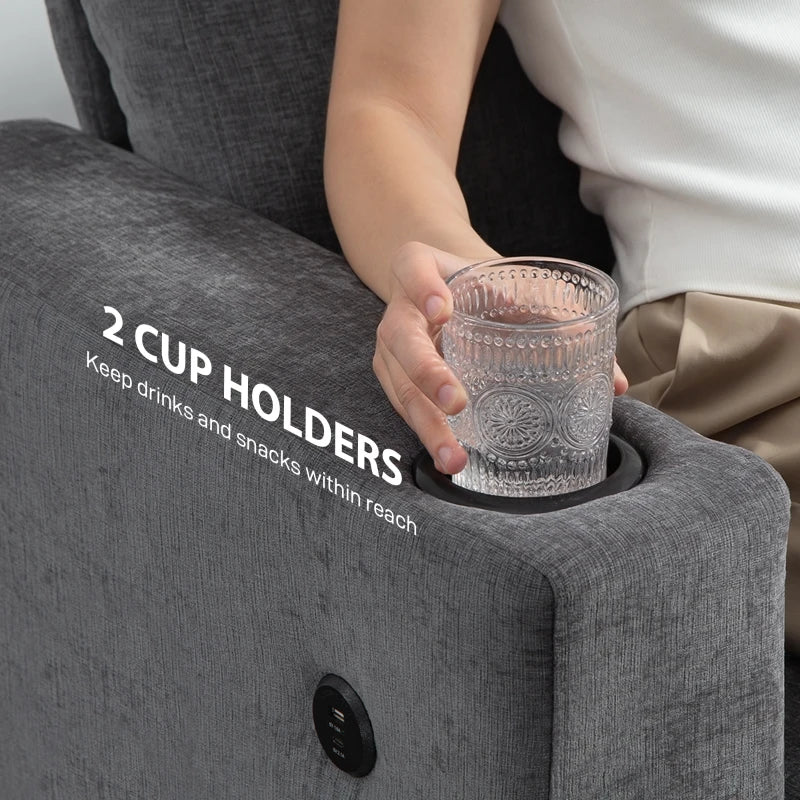 3 Seater Sofa with USB Ports & Cup Holders, Chenille-Feel Upholstered Couch for Living Room, Grey