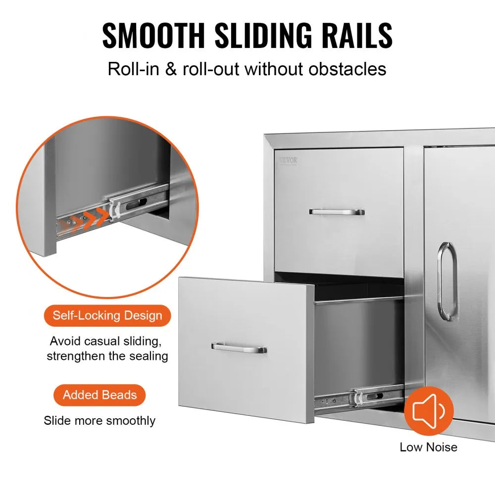 VEVOR Outdoor Kitchen Door Drawer Combo 32.5\" W x 21.6\" H x 20.5\'\'D, Access Door/Double Drawers with Paper Towel Rack, BBQ Island Drawers with Stainless Steel Handles for Outdoor Kitchen