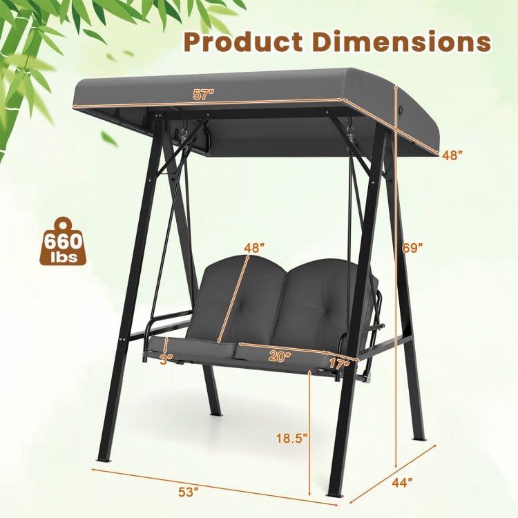 2-Person Outdoor Porch Swing with A-Shaped Metal Stand and Adjustable Canopy-Gray