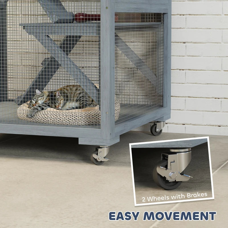 66"H Catio Outdoor Cat Enclosure on Wheels with Hammock Multiple Platforms Resting Condo Ramps for 1-3 Cats, Grey