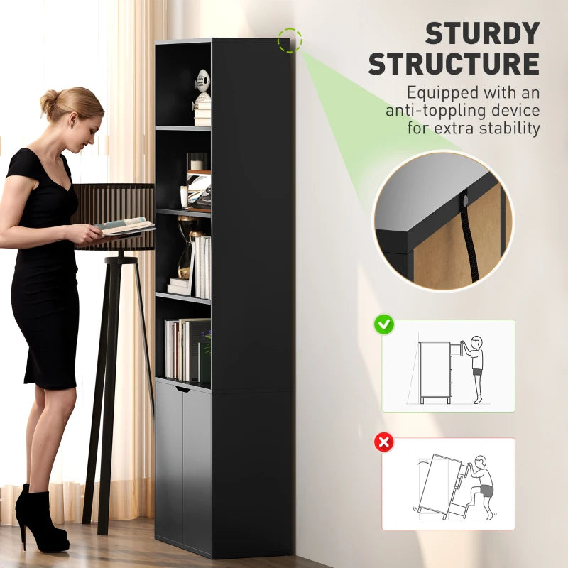 4-Tier Open Bookshelf with Doors Modern Home Office Bookcase Storage Cabinet for Living Room Bathroom Study, Black