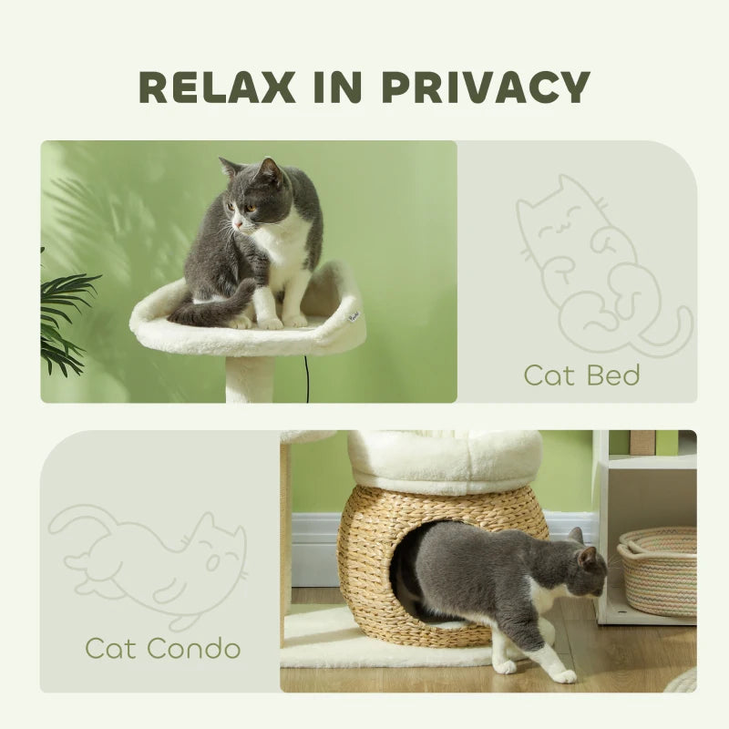 31" Cat Tree Tower with Scratching Posts, Cat Condo, Beds, Platform, Toy Ball, for Indoor Cats, Cream White