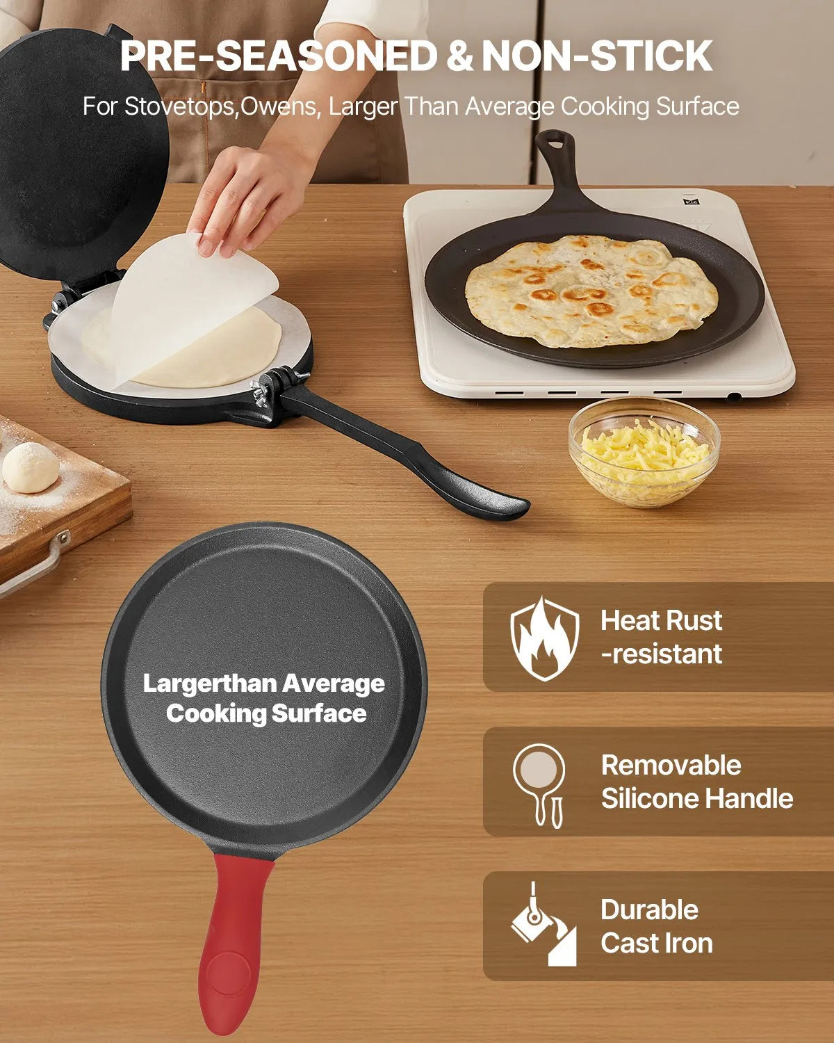 VEVOR 8 Inch Tortilla Press Chapati Maker Roti Dough Maker Heavy Duty Cast Iron