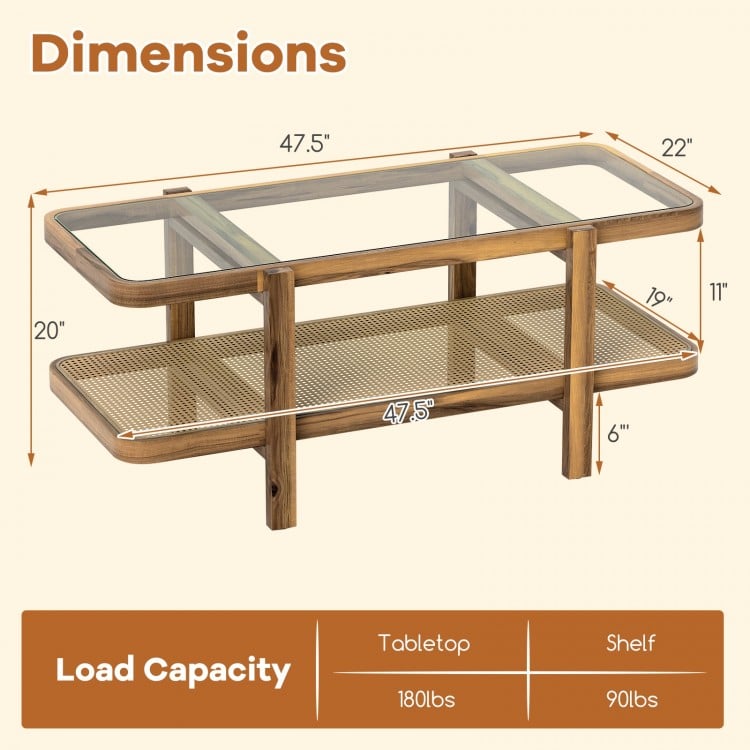 2-Tier Coffee Table with Storage and Tempered Glass Tabletop-Brown