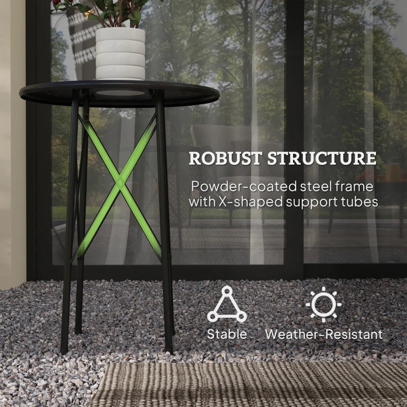 15.7" Round Garden Table with Floral Cut-Out, Steel Balcony Side Bistro Coffee Table with Adjustable Feet, Black