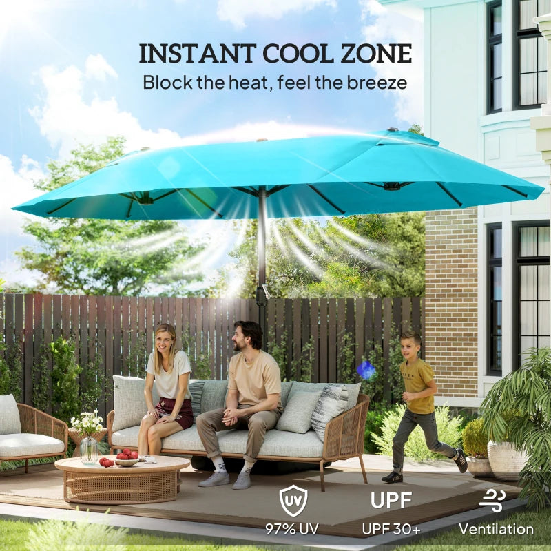 15' Outdoor Patio Umbrella with Twin Canopy Sunshade Steel Table Umbrella w/ Lift Crank, Cross base, Sandbag, Light Blue