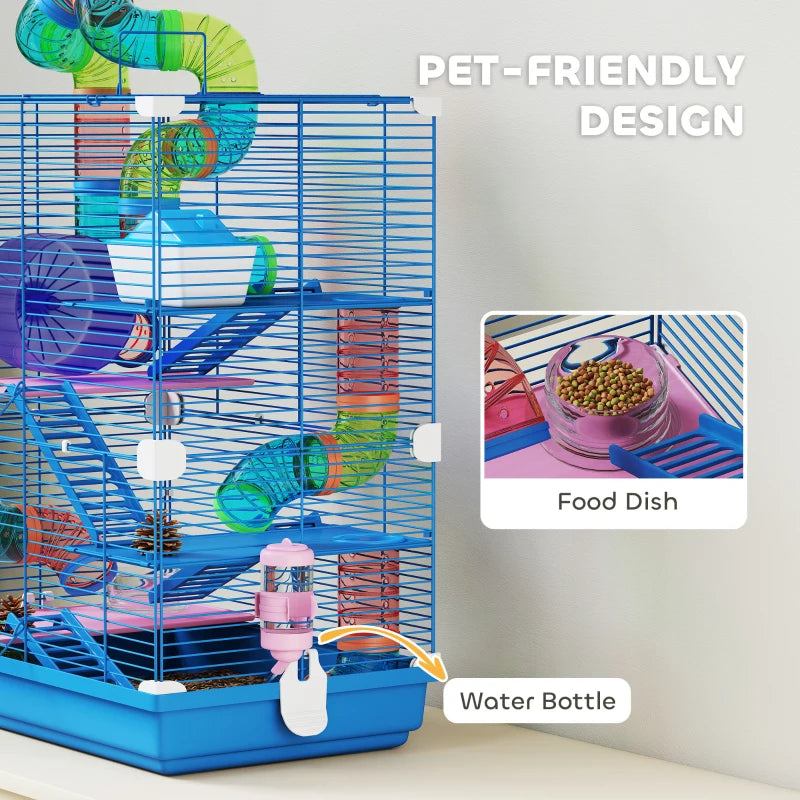 5 Tiers Hamster Cage Portable with Exercise Wheels Play Tube Water Bottle Dishes House Ladder for Gerbils, Dark Blue
