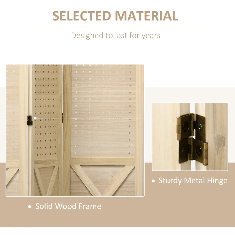 4.7' 3 Panel Wooden Room Divider with Pegboard Display, Folding Privacy Screen for Home Office, Natural