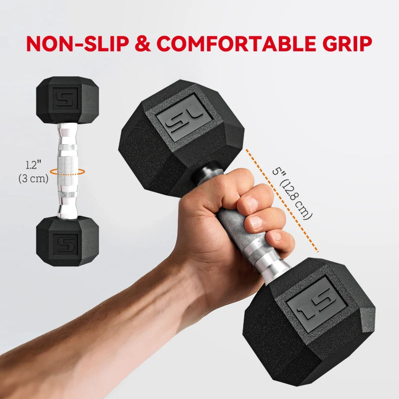 Soozier 60 LBS Hex Dumbbell Set with Rack, Rubber Coated Weights with Non-Slip Handles for Home Gym Strength Training