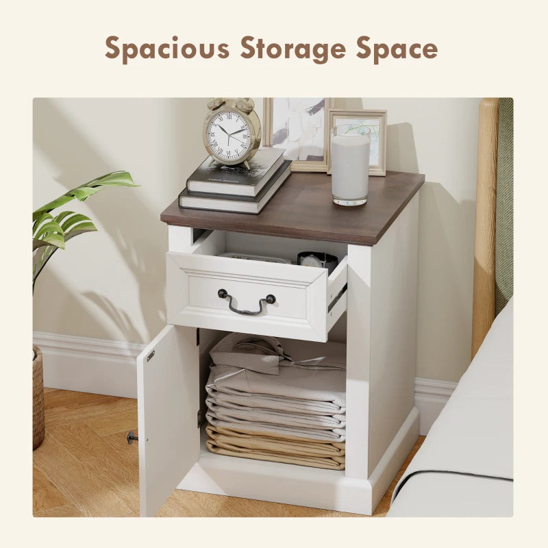 Side Table Set of 2, End Tables with Drawer and Cabinet, Nightstands for Small Spaces, Living Room, White