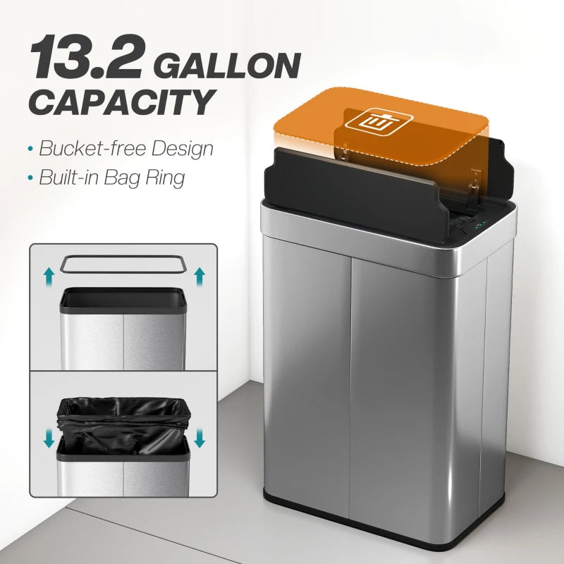 14.5 Gallon Sensor Can, Automatic Garbage Can with Soft-Close Butterfly Lid, Fingerprint-Proof Stainless Steel, Silver