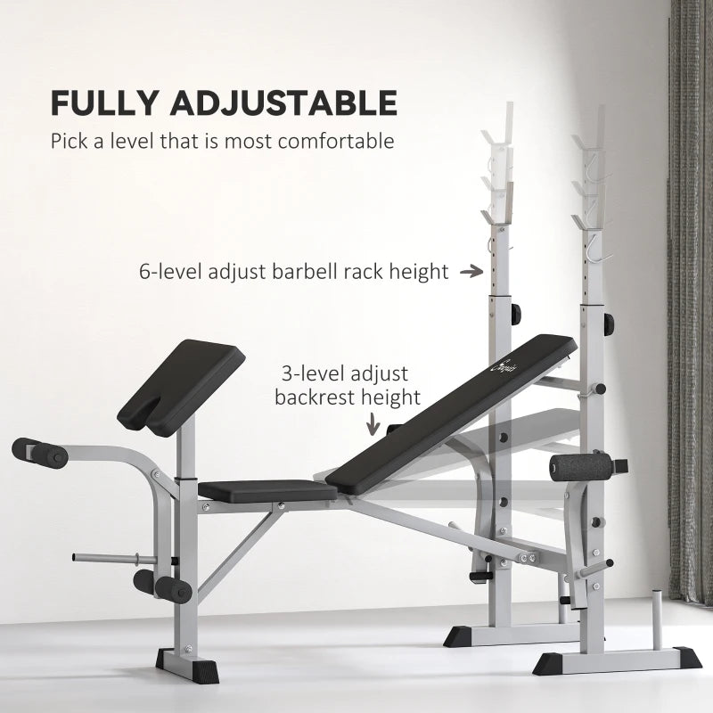 Soozier Bench Press Set Adjustable Weight Bench with Squat Rack, Preacher Curl Pad, Leg Developer and Weight Storage, Grey