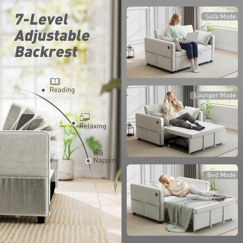 3‑in‑1 Convertible Sofa Bed, Pull Out Sleeper Sofa with USB Charging, Adjustable Backrest, Side Pockets, Beige
