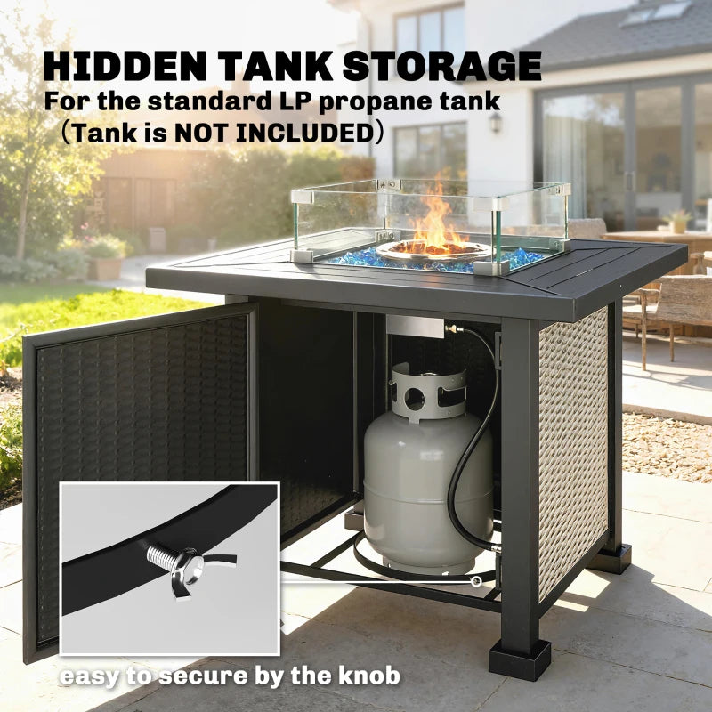 32" Propane Gas Fire Pit Table, 50,000 BTU Square Patio Table with Fire Pit, Wind Guard, Lid, CSA Certified, Grey
