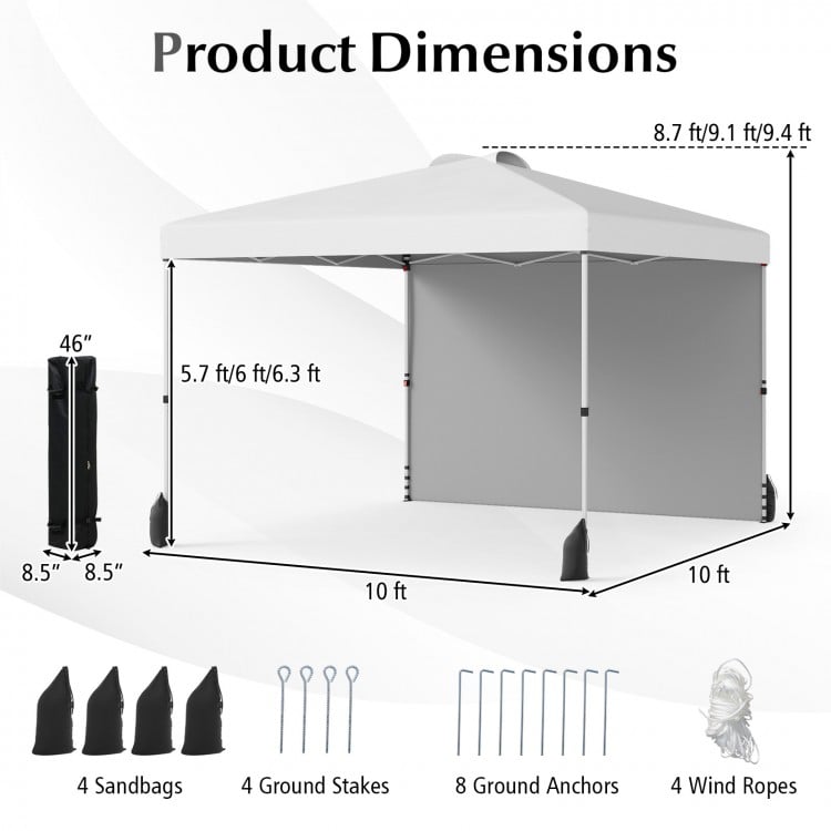 10 X 10 FT Pop up Canopy Tent with 1 Sidewall and Wheeled Bag-White