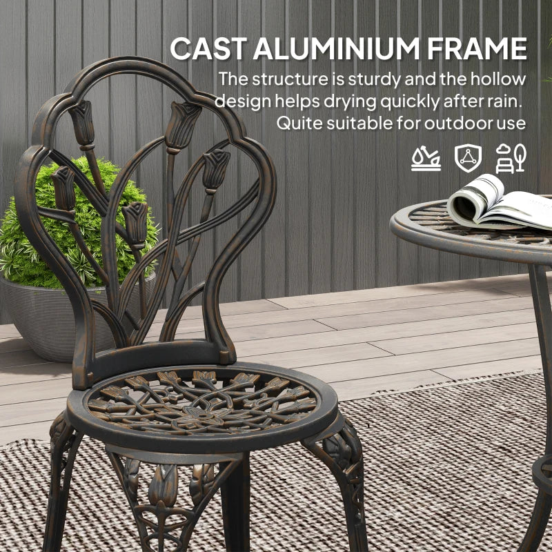 3PCs Patio Bistro Set, Outdoor Cast Aluminum Garden Table and Chairs with Umbrella Hole for Balcony, Bronze