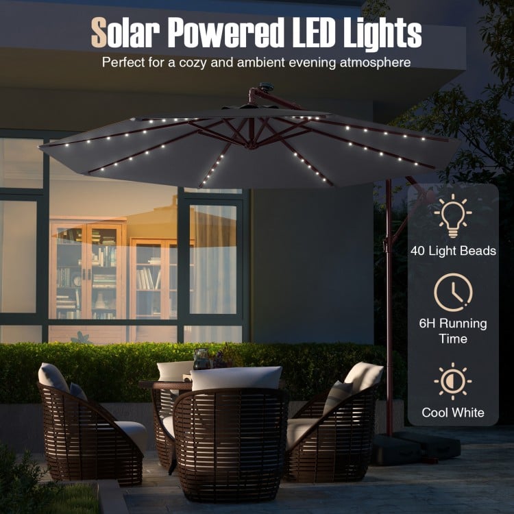 10 Ft Patio Umbrella Offset Cantilever Umbrella with 40 Solar Powered Lights-Gray