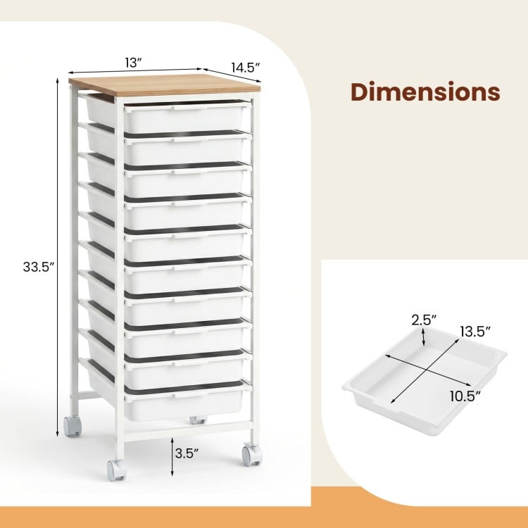 10-Drawer Rolling Storage Cart Mobile Utility Organizer with Wooden Tabletop and Lockable Wheels-White