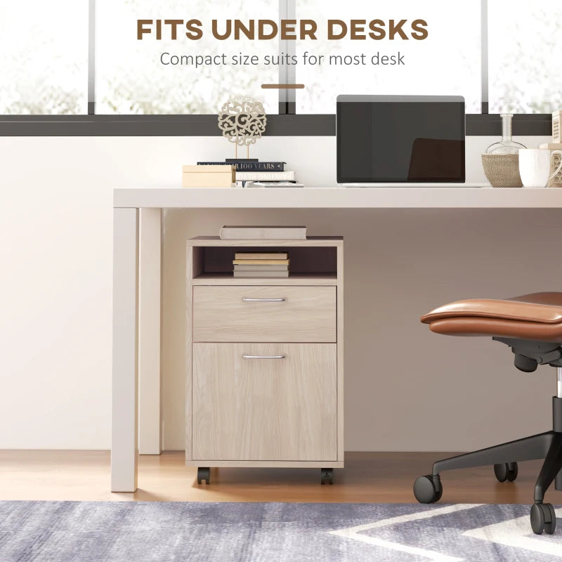 24" Small Filing Cabinet with Open Compartment, Drawer and Wheels, Home Office Storage Cabinet, Oak