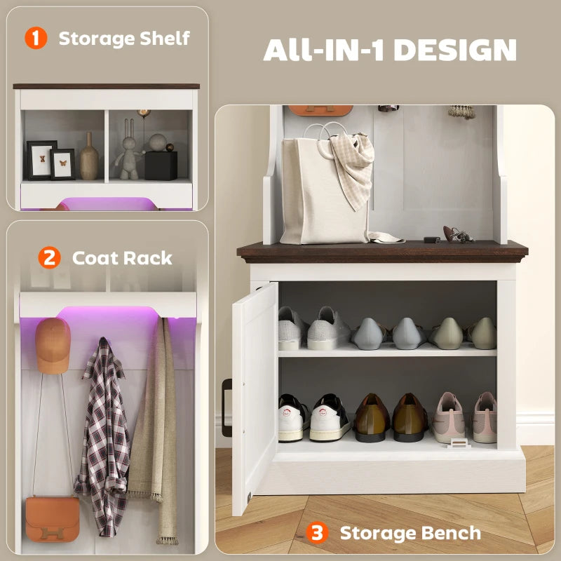 3-in-1 Hall Tree with LED Lights and Bench, Coat Rack with Shoe Storage, White Wood Grain with Light