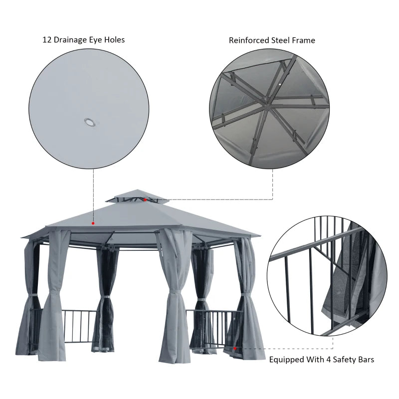 13ft Hexagon Gazebo Outdoor Canopy Shelter with Netting and Shaded Curtains Grey