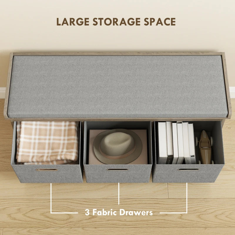 Shoe Storage Bench with Seat, Entryway Bench Seat with Cushion, 3 Fabric Drawers for Hallway, Washed Grey
