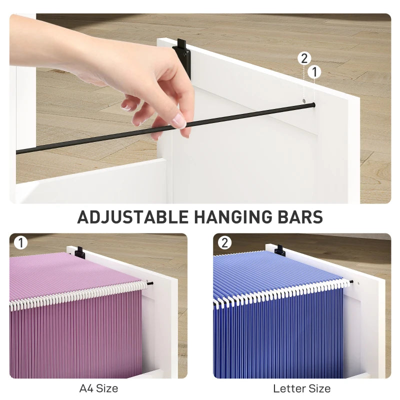 2 Drawer Filing Cabinet with Lock, Office Storage Cabinet with Adjustable Hanging Bars for A4 Letter Size Files, White