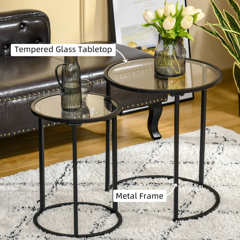 Set of 2 Nesting Coffee Tables with Metal Base, Round Side Table with Tempered Glass Tabletop for Living Room, Bedroom, Black
