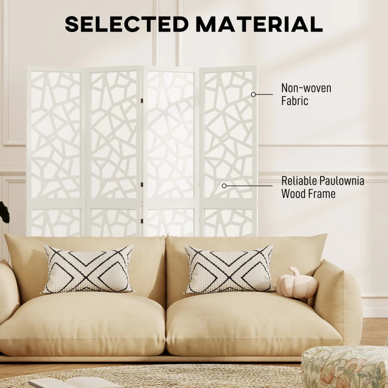 4 Panel Room Divider, 5.6 FT Lightweight Folding Privacy Screen with Geometric Pattern for Living Room, Bedroom, White
