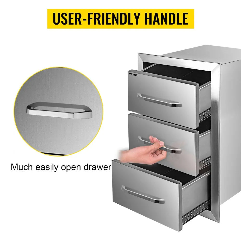 VEVOR Outdoor Kitchen Drawers 16\" W x 28.5\" H x 20.5\" D, Flush Mount Triple Access BBQ Drawers Stainless Steel with Handle, BBQ Island Drawers for Outdoor Kitchens or Patio Grill Station